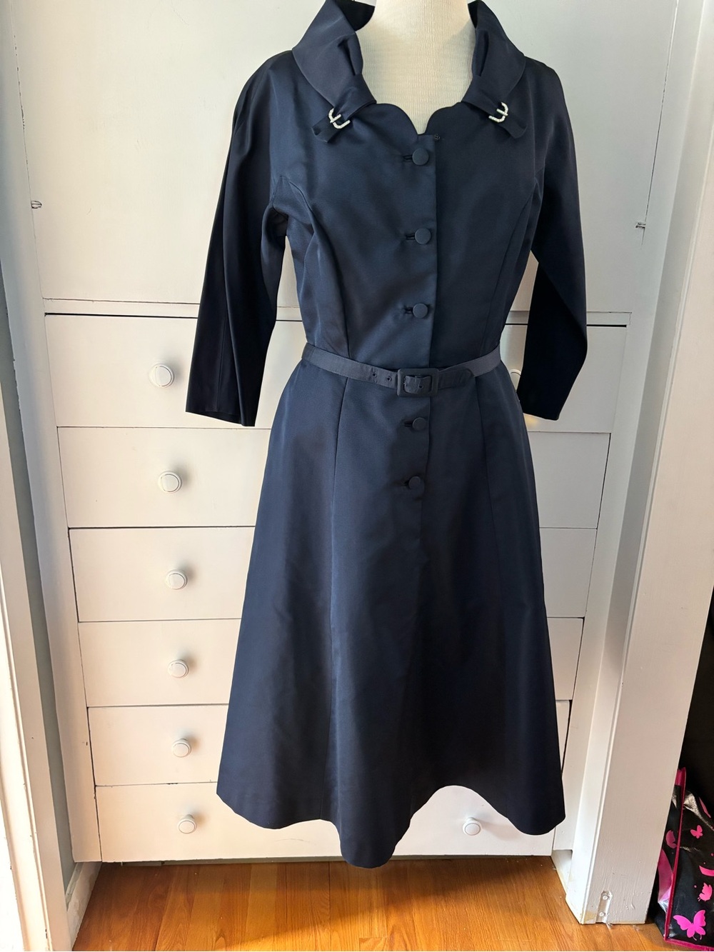 Vintage (never worn) Silk Navy Belted Midi Dress with crystal detail